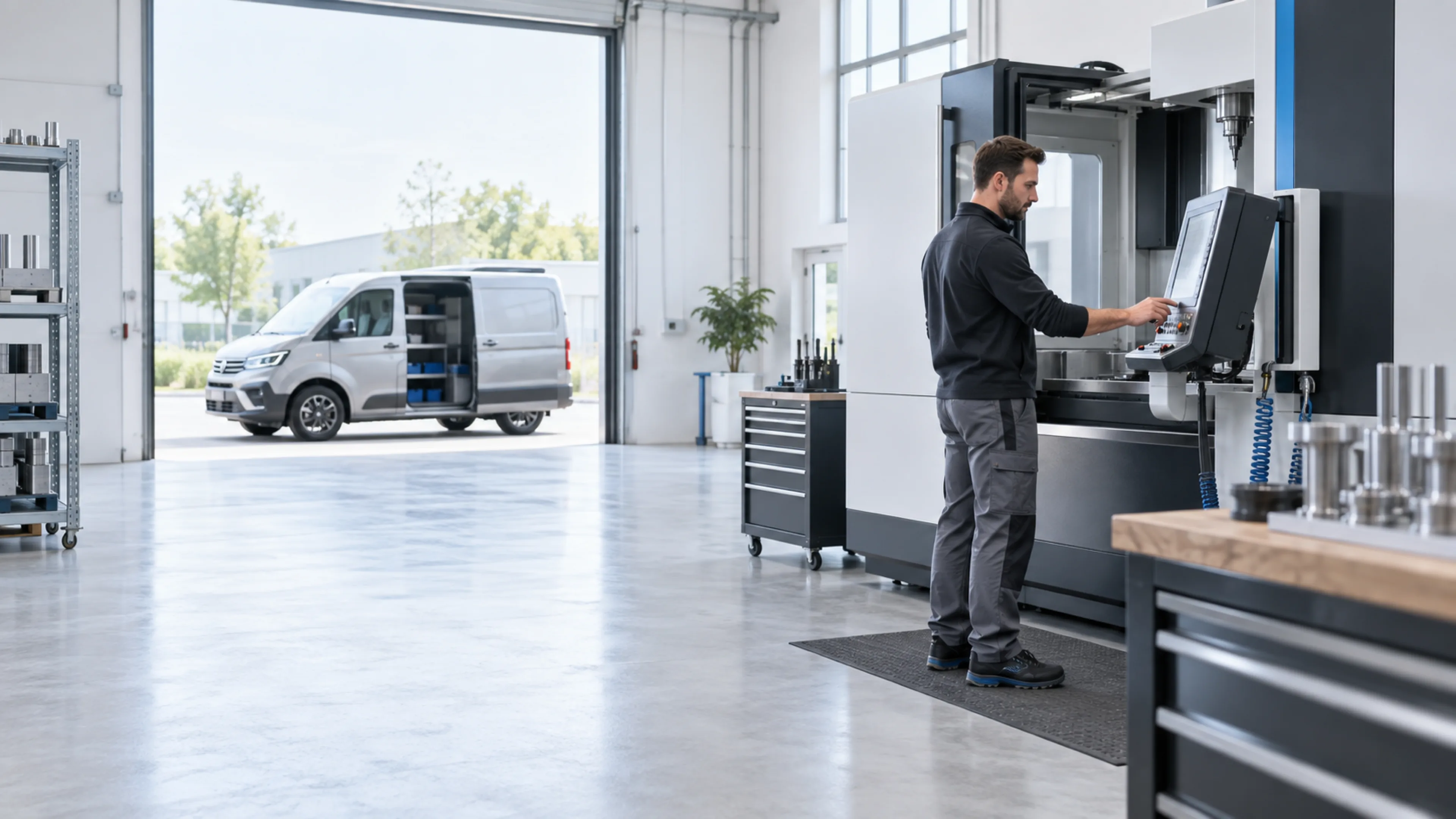 Unternehmer zwischen CNC-Maschine und Firmenfahrzeug in einer hellen Werkstatt